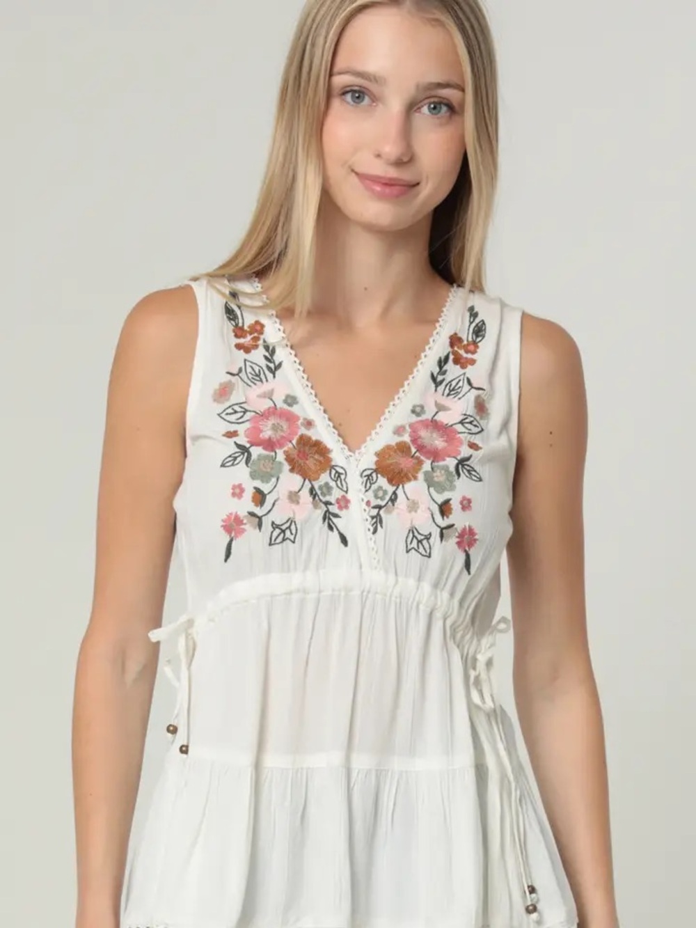 Angie White Tiered Mini Dress with Floral Embroidery